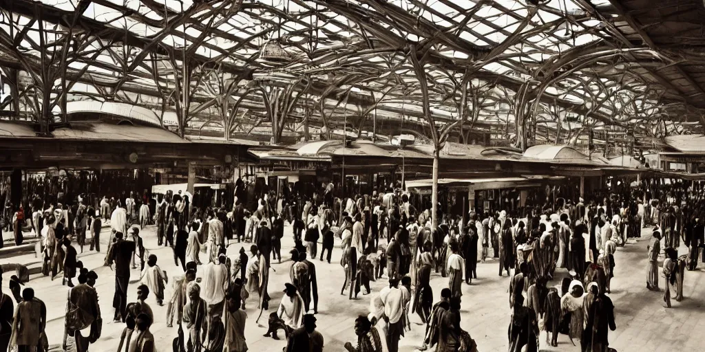 Prompt: establishing shot, interior of an indian railway station, bustling with people, sharp focus, aesthetic