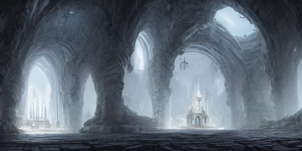 Image similar to Underground White Cathedral City hidden inside a round spacious cavern, lush greenery, tall white church in the center of the city, buildings made of white stone, baroque architecture. In style of Hyung-tae Kim, Greg Rutkowski and Larry Elmore, concept art, trending on ArtStation, Korean MMORPG, over-detailed art, 8K, epic, dynamic lightning, scenery, birdview.