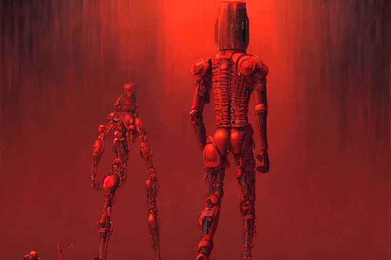 Image similar to only with red, a red cyborg samurai, tokio futuristic in background, some evil yokai fight, in the style of beksinski, parts by edward hopper, parts by rodcenko, parts by yue minjun, intricate and epic composition, red by caravaggio, insanely quality, highly detailed, masterpiece, red light, artstation, 4 k