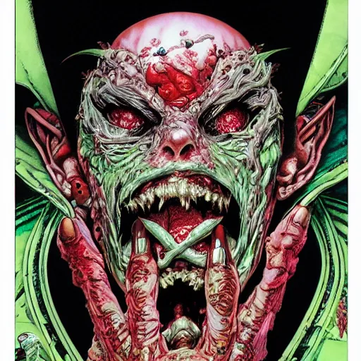 Image similar to portrait of crazy spawn the violator, symmetrical, by yoichi hatakenaka, masamune shirow, josan gonzales and dan mumford, ayami kojima, takato yamamoto, barclay shaw, karol bak, yukito kishiro