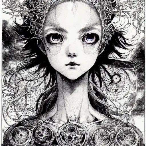 Prompt: prompt: Fragile looking vessel portrait soft light drawn by Vania Zouravliov, inspired by Akira 1988 anime, ancient crown, magical and alchemical weapons, soft light, white background, intricate detail, intricate ink painting detail, sharp high detail, manga and anime 2000