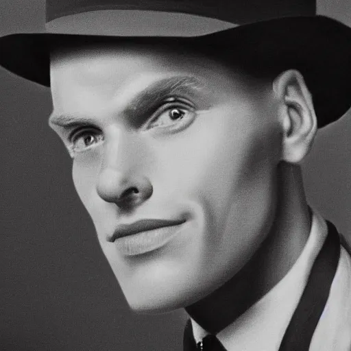 Image similar to A photograph portrait of Jerma985 wearing a suit with and fedora in the 1950s, taken in the early 1950s, grainy, taken on a 1950s Kodak Camera, realistic, hyperrealistic, very realistic, highly detailed, very detailed, extremely detailed, detailed, digital art, trending on artstation