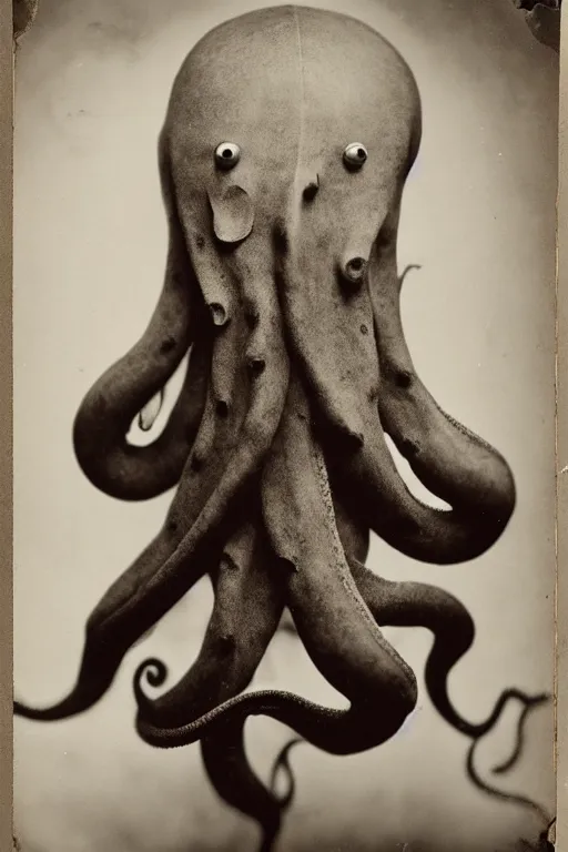 Image similar to anthropomorphic octopus ,with human hands, wearing a suit, vintage photograph, sepia