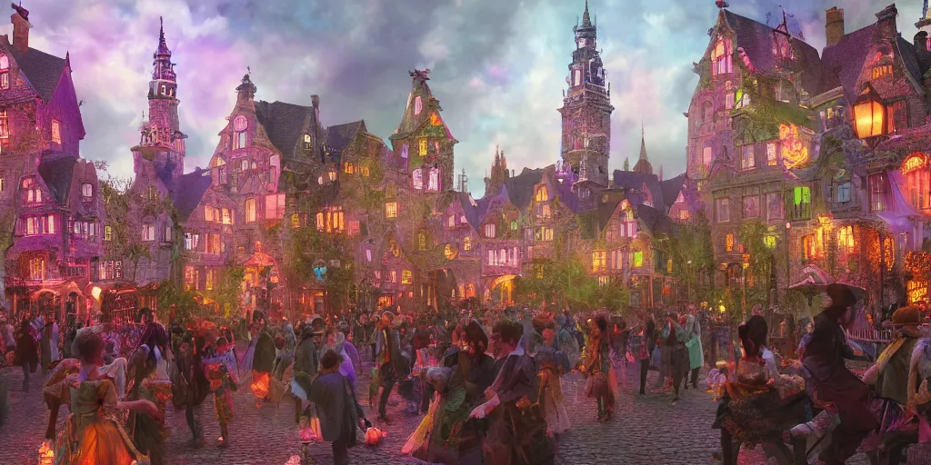 Prompt: a bustling magical town with witches and black cats dancing around a colorful music festival in its center, inspired by victorian england and amsterdam, highly detailed, intricate, digital painting, trending on artstation, concept art, matte painting, art by greg rutkwowski, craig mullins, octane render, 8 k, unreal engine