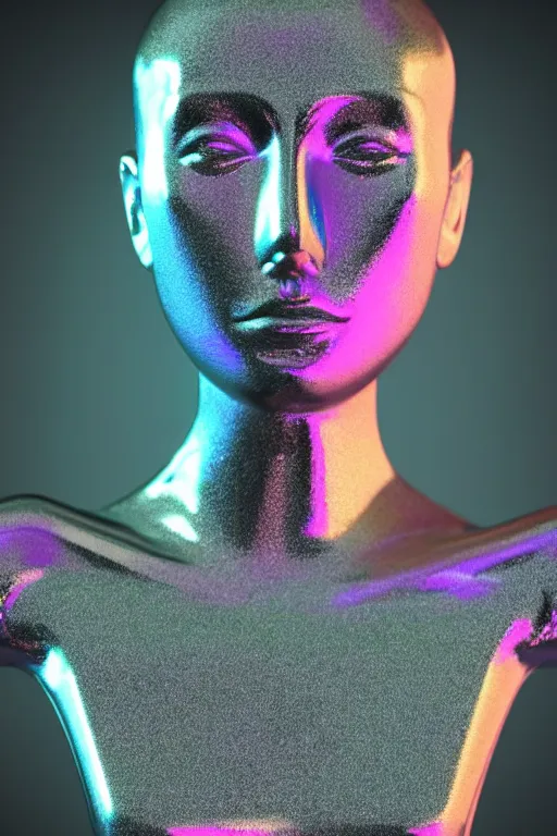 Image similar to 3d render of holographic human robotic bust made of glossy iridescent, bust, surrealistic 3d illustration of a human non-binary, non binary model, 3d model human, cryengine, made of holographic texture, holographic material, holographic rainbow, concept of cyborg and artificial intelligence
