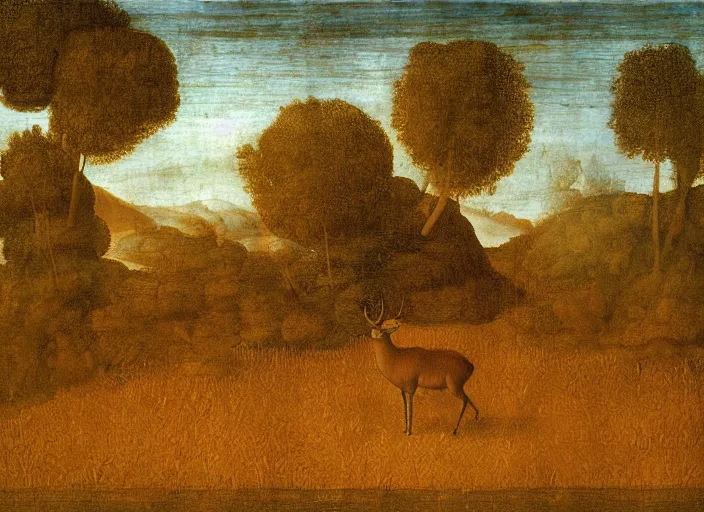 Image similar to A painting in the style Leonardo Da Vinci of a deer standing in a wheat field surrounded by a forest