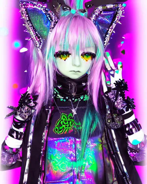 Image similar to a hologram of decora styled yotsuba koiwai wearing a gothic spiked jacket, holography, irridescent, baroque visual kei decora art