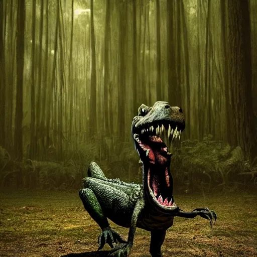 Image similar to werecreature consisting of a alligator and a human, werealligator, photograph captured in a dark forest