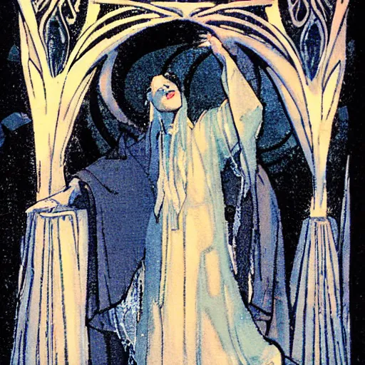 Image similar to a cloaked mage casting a magic spell from her hand toward an ice castle, art nouveau