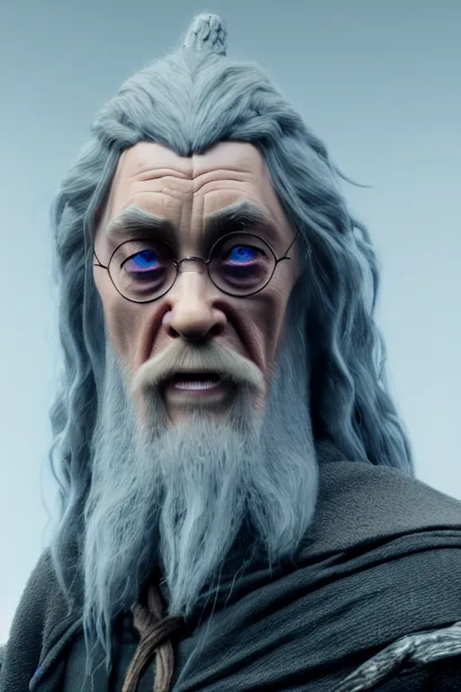 Image similar to daniel radcliffe is gandalf, concept art by senior character artist, cgsociety, photorealism, rendered in unreal engine, official art, cold hue's