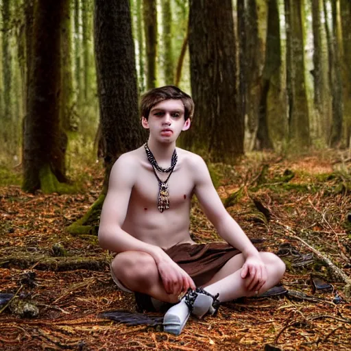 Image similar to a teenage boy, around 2 3 years old with necklace, natural brown hair, loincloth, pale skin, detailed face. sitting in ominous and eerie looking forest. natural colors. realistic photo.