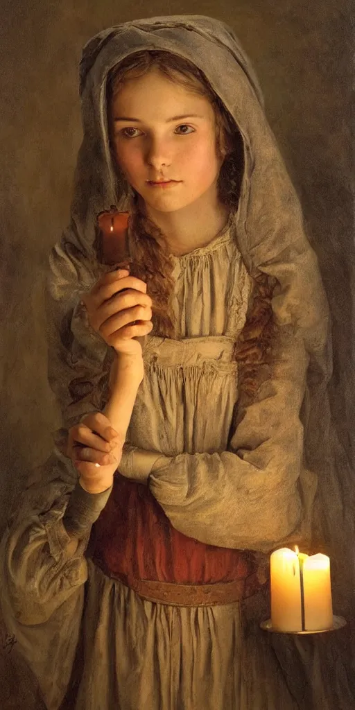 Prompt: Highly detailed and cinematic romantic period oil painting of a medieval peasant girl holding a candle, strong atmosphere, oil painting masterpiece by Josep Tapiró Baró, symmetry, fractals