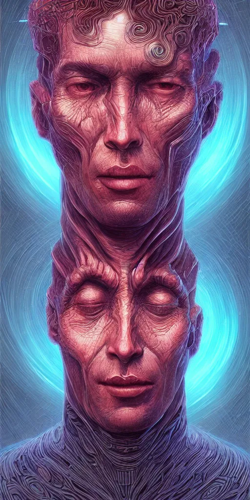 Image similar to scifi character portrait of man in the style of android jones and zdzislaw beksinski, 1 / 4 headshot.