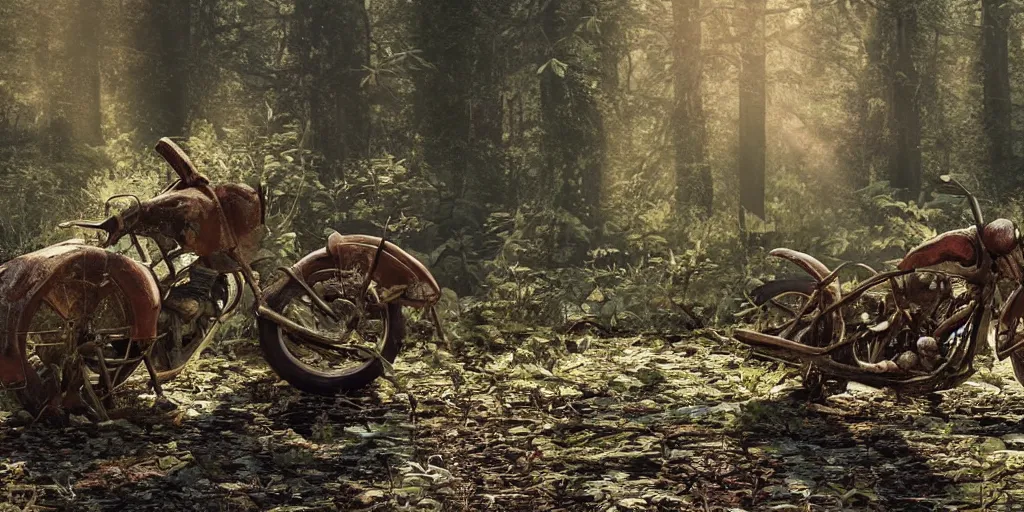 Image similar to Photograph of an abandoned rusty 1950's Harley Davidson in a forest track, covered with vegetation, soft lighting, crepuscular rays, realistic octane render, 8k, ultra detailed, concept art