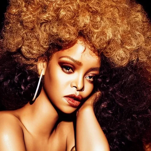 Prompt: sultry rhianna with a curly afro, cinematic pose, intricate hair details, jewellery, big hooped earrings, long nails, off the shoulder shirt, soulful, pouty lips, real life details, soft shadows, sharp focus, volumetric lights, rim light, model, beautiful, gorgeous