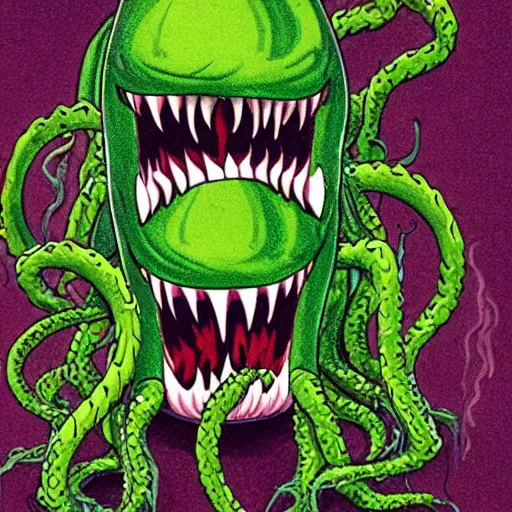 Image similar to a 1982 color anatomy illustration sketch depicting a symmetrical dissection of a dangerous shape shifting alien creaturing spewing long worm-like spiney tendrils out of its snarling mouth, the tendrils in the style of The Thing 1982