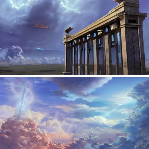 Image similar to Establishing shot of the Gate of Three Skies, digital art, Establishing shot of the Gate of Three Skies, trending on ArtStation, Establishing shot of the Gate of Three Skies, by Charles Sheeler and ArtGerm, photorealism, style of aetherpunk, Establishing shot of the Gate of Three Skies, arborescent architecture