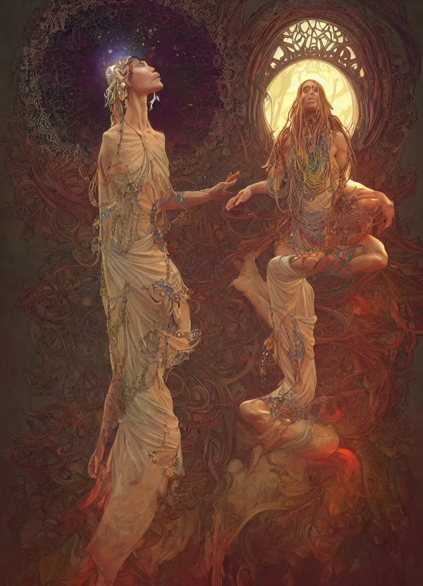 Image similar to psychedelic shaman, meditating and levitating, intricate, elegant, highly detailed, digital painting, artstation, concept art, matte, sharp focus, illustration, art by artgerm and greg rutkowski and alphonse mucha