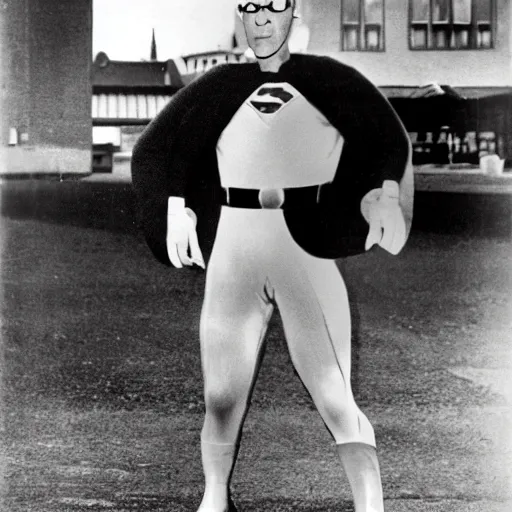 Prompt: Photo of Urho Kekkonen in a bad superman cosplay costume