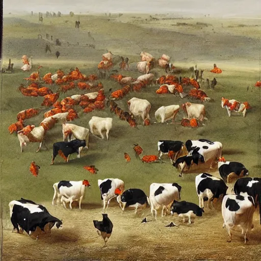 Image similar to large battle scene of cows vs chickens