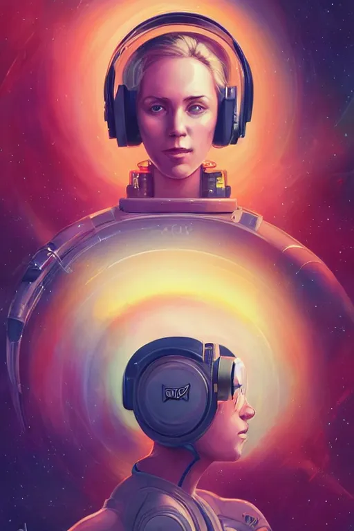 Prompt: a poster design of a portrait of a female blonde astronaut wearing headphones in space, universe, cyberpunk, warm color, Highly detailed labeled, poster, peter mohrbacher, featured on Artstation