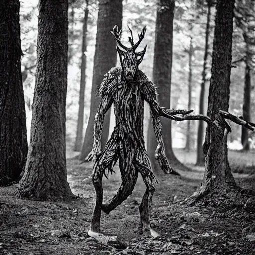 Prompt: old photo of a Leshen amongst the trees
