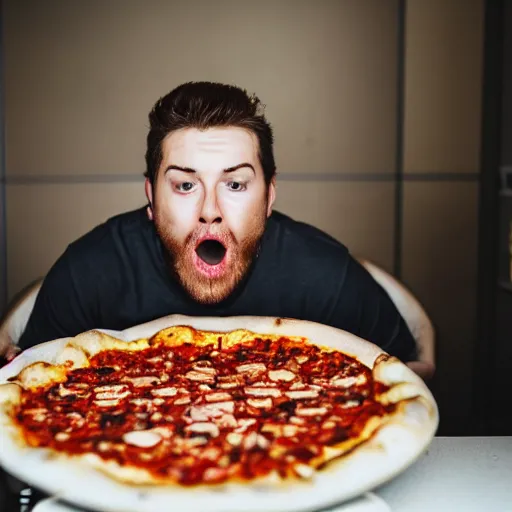 Image similar to a photo of a guy eating the best pizza he has ever eaten, hyper realistic, ultra detailed, 8 k, 2 8 mm lens
