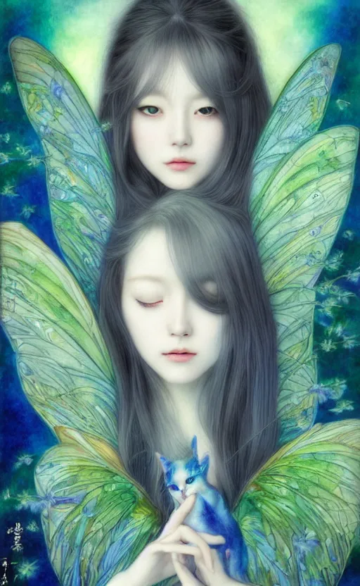 Image similar to breathtaking Portrait fairy by Miho Hirano, realistic, detailed, blue, green tonalities, beautiful collage technique including birds, CAT, ornate background, beautiful Fantasy detailed trending on artstation, oil painting, Dramatic lighting, eterea , high quality print, fine art with subtle redshift rendering