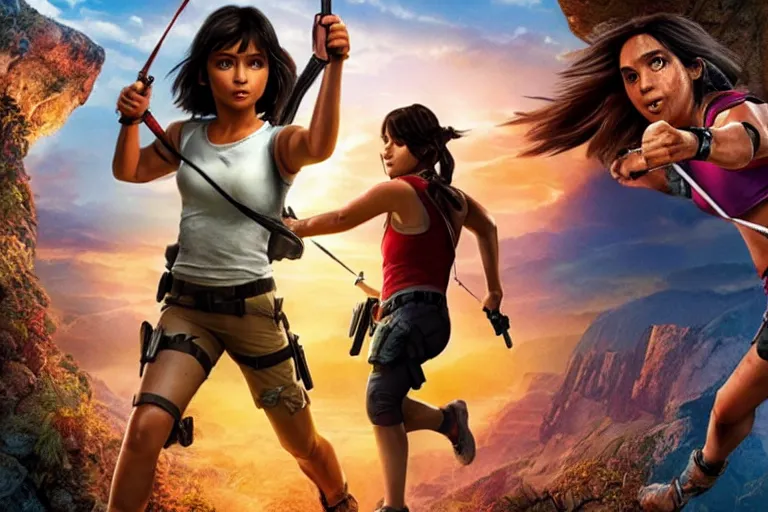 Image similar to Dora the Explorer vs Lara Croft, film by Michael Bay