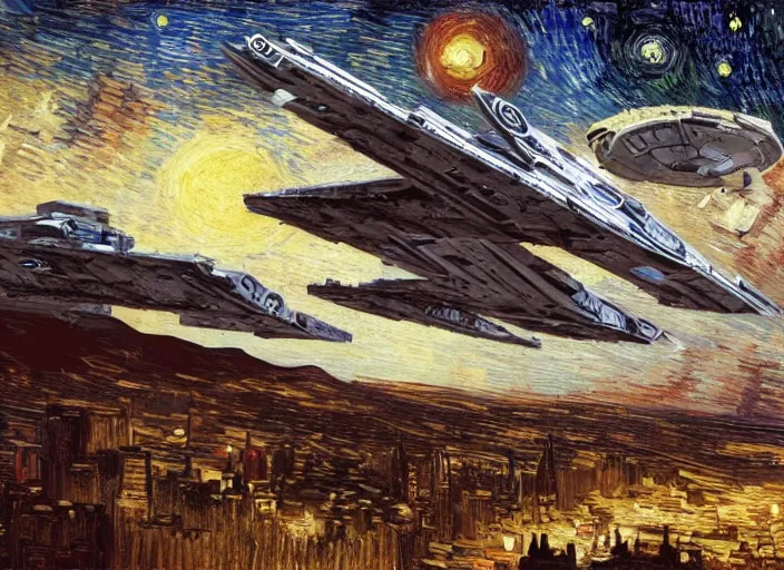 Image similar to a single battle spaceship taking off seen from the surface of a metropolis city, star wars, digital art, trending on art station, in the art style of vincent van gogh starry night