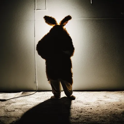 Image similar to Man with a rabbit costume in the attic, dark, shadows, night, 8k Photography