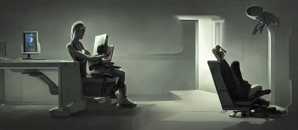 Image similar to human sitting in a chair to get upload by a futuristic scan machine to a computer, uploaded, scifi machine, very detailed, award winner on deviantart by geg rutkowski, by madgwick