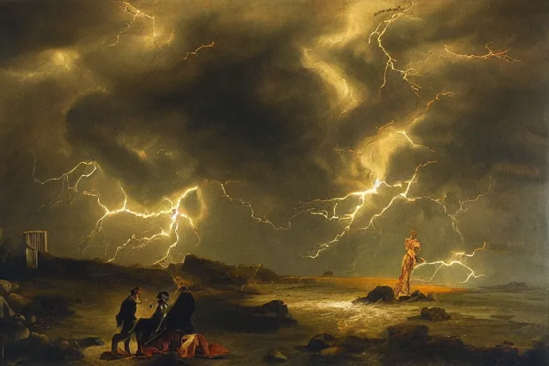 Image similar to a bereaved artist as his canvas gets struck by lightning, oil painting, extremely detailed, museum art