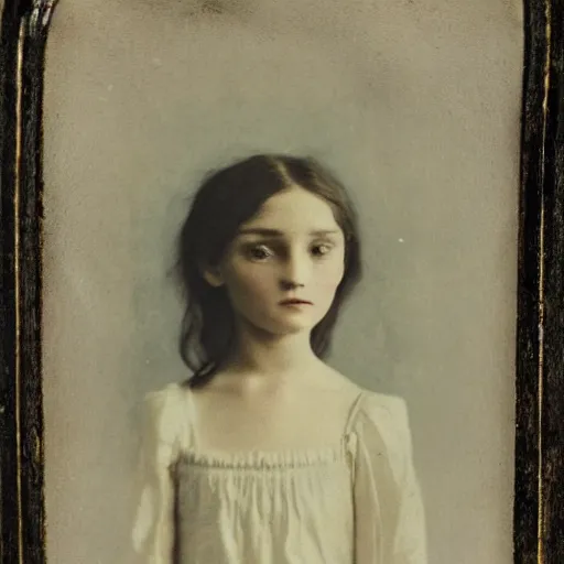 Prompt: portrait of a beautiful young lady with silver eyes, colored daguerreotype by balthus