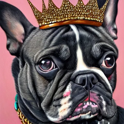 Prompt: portrait painting of hoodied french bulldog with crowns and jewelry by Sandra Chevrier, beautiful, hyperdetailed, trending on Artstation