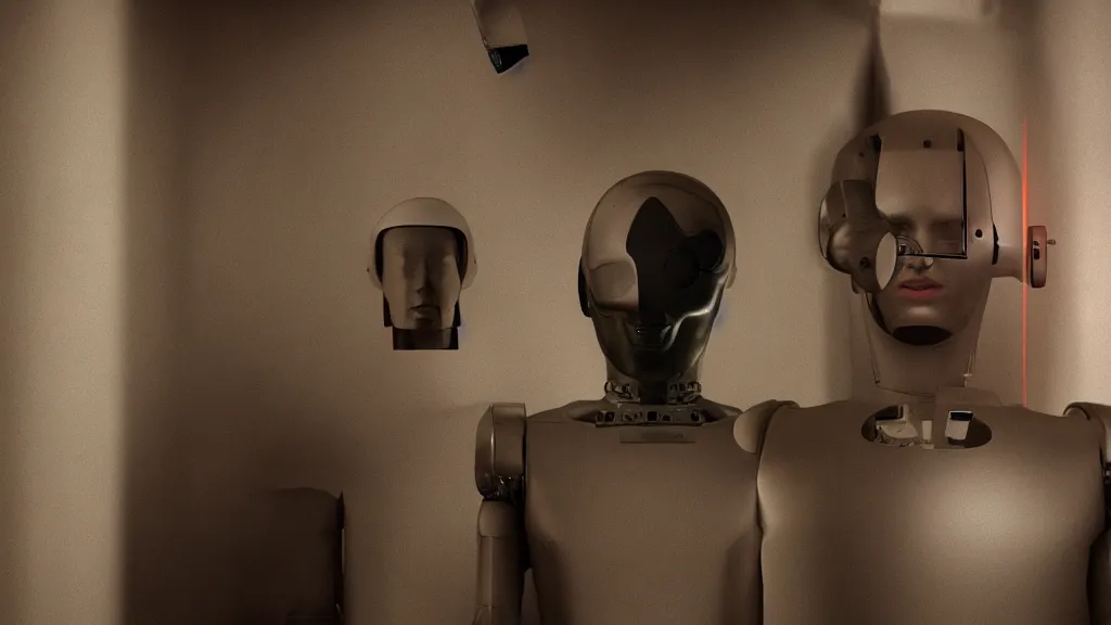 Image similar to movie scene of The man with robot head, android, humanoid robot, half human half robot, movie still, cinematic composition, cinematic light, by David Lynch