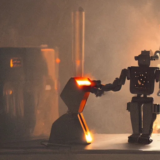 Image similar to toaster oven terminator robot, dark messy smoke - filled cluttered workshop, dark, dramatic lighting, orange tint, sparks, cinematic, highly detailed, sci - fi, futuristic, movie still