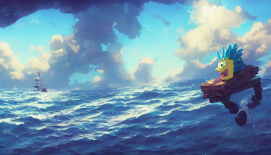 Image similar to A highly detailed matte painting of SpongeBob in the ocean by Studio Ghibli, Makoto Shinkai, by Artgerm, by WLOP, by Greg Rutkowski, volumetric lighting, octane render, 4K resolution, trending on artstation, masterpiece