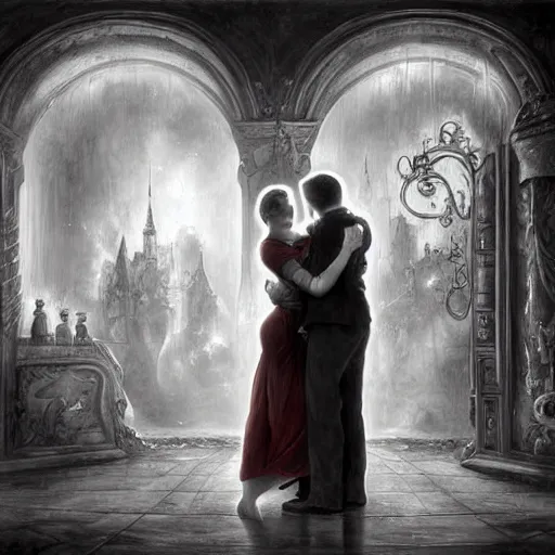 Image similar to tight hug between a couple, while they are watching TV, black and white color scheme, HD, in focus, Regal, Realistic, Refined, Detailed Digital Art, Josephine wall, Oil Painting, William-Adolphe Bouguereau, Art Frahm, Esao Andrews, Steampunk, Walt Disney (1937), Highly Detailed, Cinematic Lighting, Unreal Engine, 8k, HD