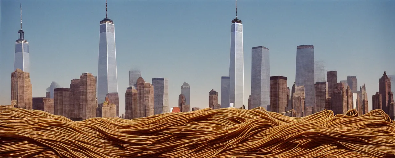 Image similar to spaghetti stand with the world trade center in the distance, growing out of the dirt, kodachrome, in the style of wes anderson, retro