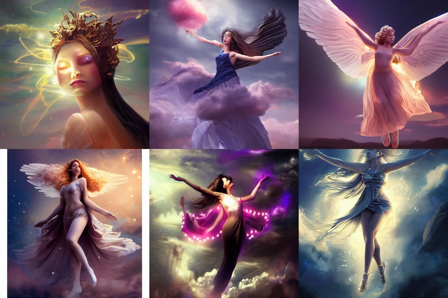 Prompt: a beautiful female human god of piano character, character is in all its glory, character is centered on the image, character is flying, rim lights, magic in the air, fancy clouds, highly detailed professional photo, dynamic lights, particles are flying, depth of field, trending on artstation, illustration, hyper realistic, vray caustics, super detailed, colorful accents, cinematic shot