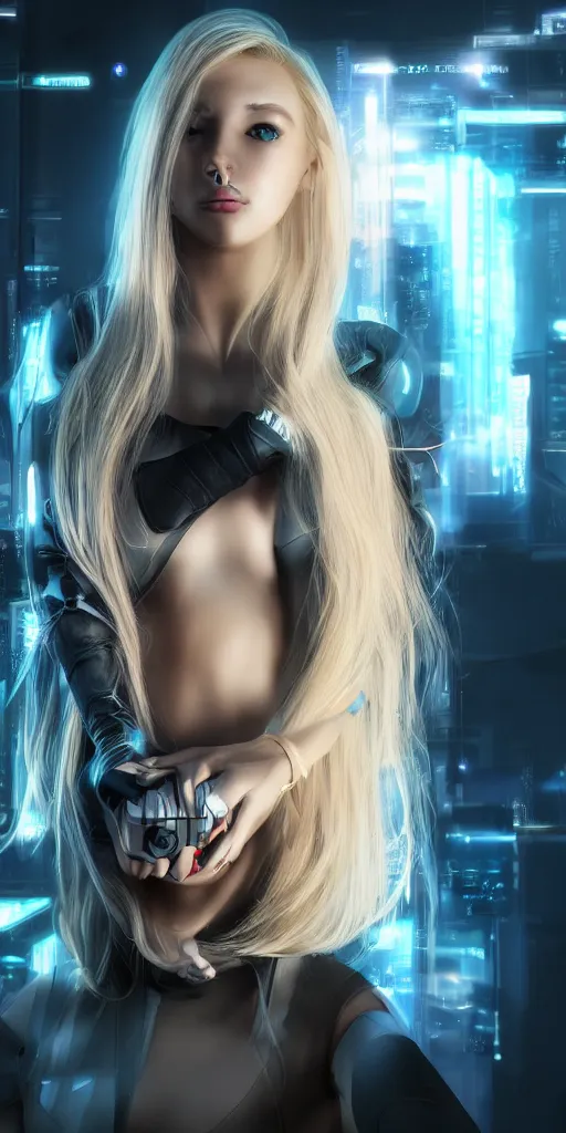 Image similar to a beautiful blonde girl trapped in virtual reality, futuristic, cyberpunk, 3 d rendered, 3 d rendering, dramatic lighting, dark theme, hdr, unreal engine 5, crazy realistic