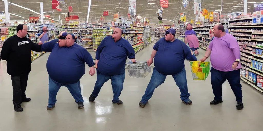 Image similar to three obese american coneheads fighting at wal - mart, detailed facial features