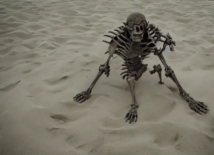 Image similar to humans perished, their dreams forgotten, horrors faced, bones turn to sand. upon that sand walks the new god, one that will never die