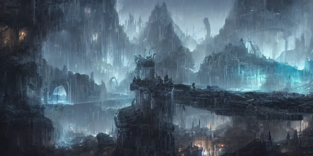 Prompt: a fantasy city built within a vast cave, sleek glass buildings, elegant bridges between layers, illustration, raining, dark and moody lighting, digital art, oil painting, cold blue tones, fantasy, 8 k, trending on artstation, detailed