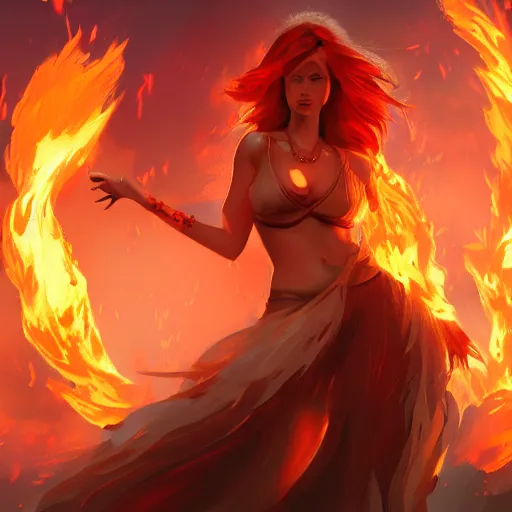 Image similar to Hot fire goddess, skin of flames, rampaging, stormy background, forest fire, breathing fire, fire in hand, concept art, artstation, 4k