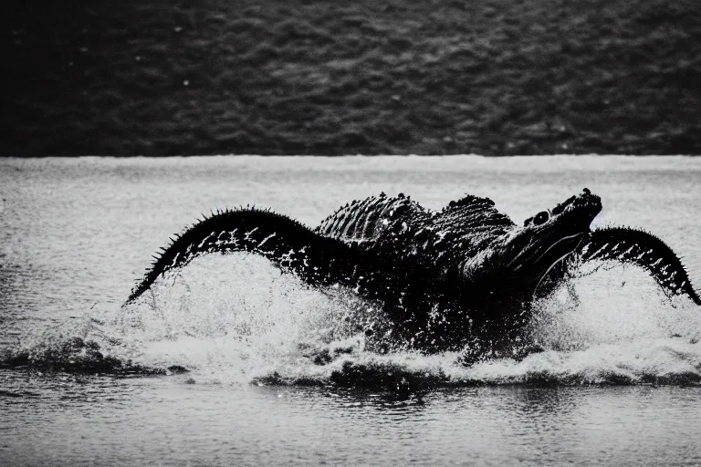 Prompt: a real life sea monster swimming in a lake, sight proof, black and white, blurry, old camera, grainy, motion blur, low focus, full body shot, wide angle