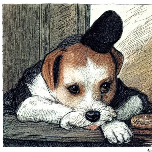 Prompt: closeup candid portrait of jack russel thinking, resting head on paw, illustrated by peggy fortnum and beatrix potter and sir john tenniel