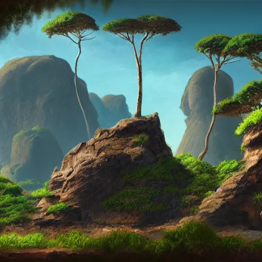 Prompt: painting of a small desolate jungle island with a prominent large rock formation in the shape of a gorillas head, trending on artstation