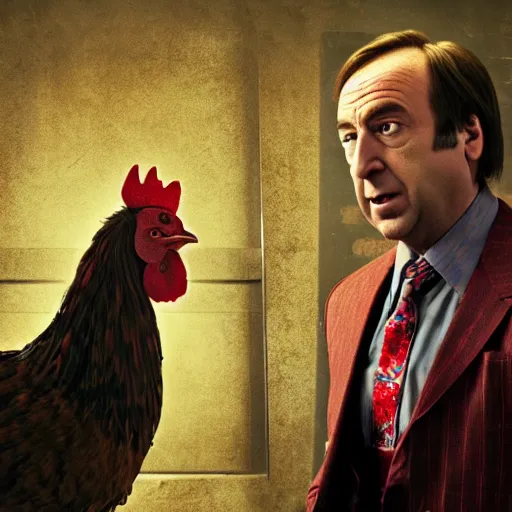 Image similar to saul goodman and a rooster in a saw movie torture chamber, saw movie jigsaw background, saul goodman, rooster, photo